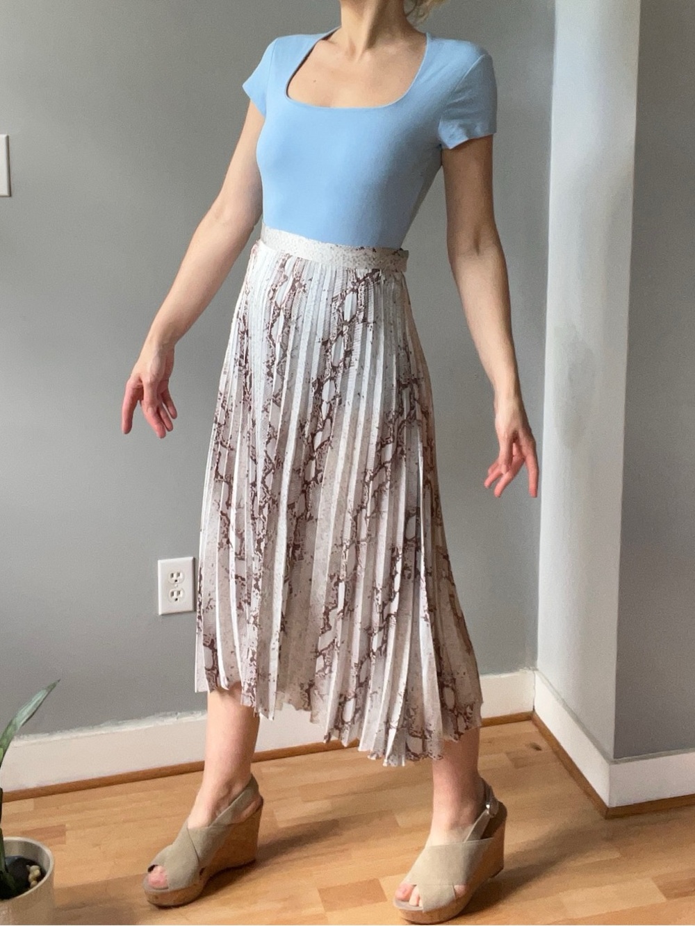 Bishop + Young Pleated Snake-Print Midi Skirt Anthro